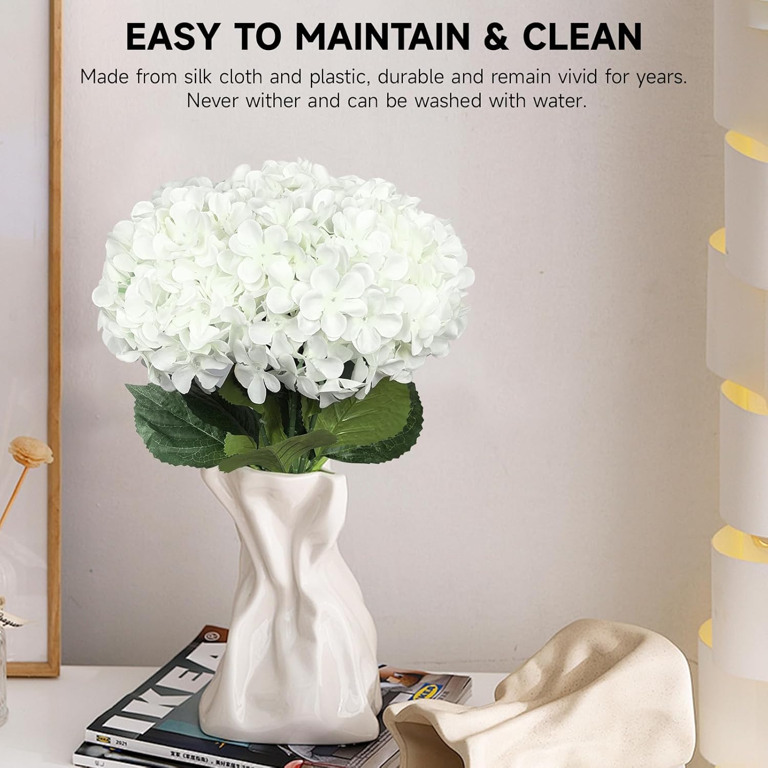 6 PCS Artificial Hydrangea Flowers, Faux Silk Hydrangea with Long Stems, Home Wedding Decor, Table Centerpieces, Party Decorations(White) - Image 4