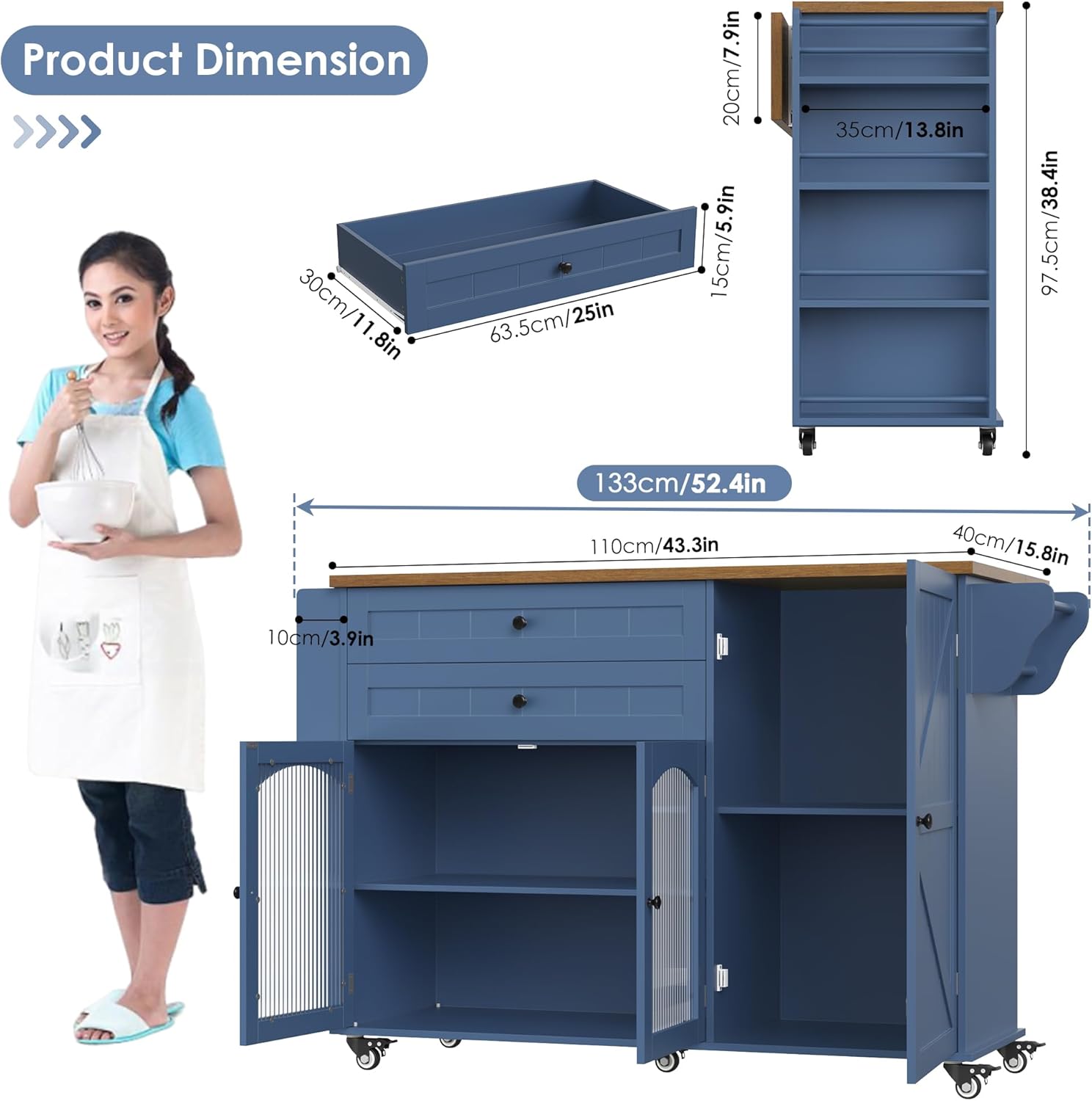 FINETONES Kitchen Island with Storage, Rolling Kitchen Island on Wheels with Wood Drop Leaf Countertop, Island Table Bar Cart with Spice Towel Rack Portable Kitchen Table Kitchen Carts on Wheels, Blue
