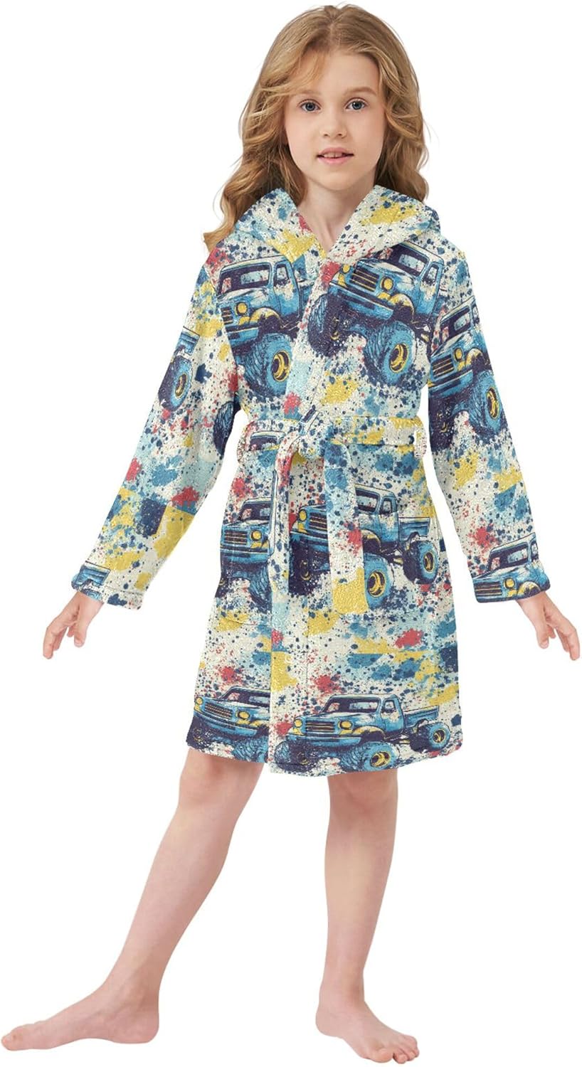 Watercolor Monster Trucks Bathrobe Hooded PJ Robe Soft Fleece Robe Pajama Sleepwear 2-12 Years