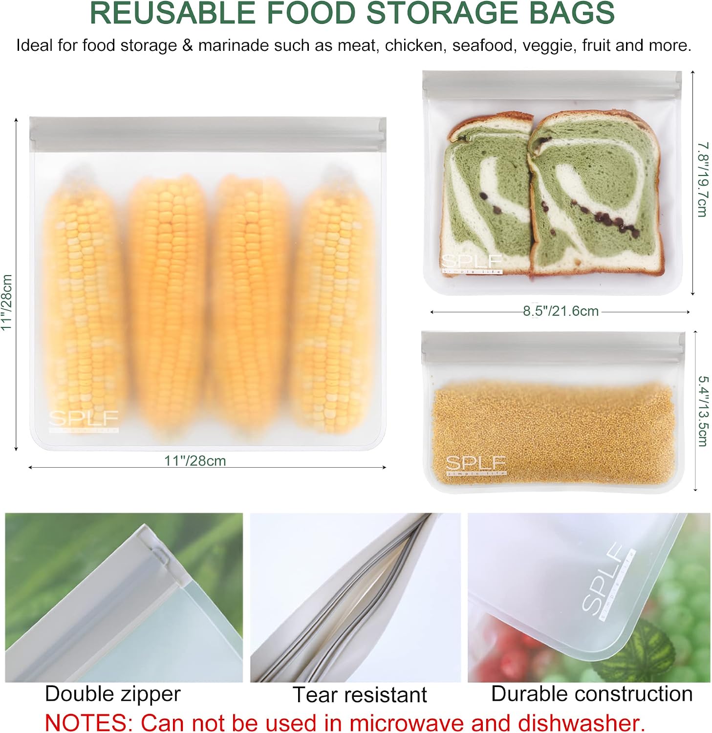 SPLF 12 Pack BPA FREE Reusable Storage Bags (5 Reusable Sandwich Bags, 5 Reusable Snack Bags, 2 Reusable Gallon Bags), Extra Thick Freezer Bags Leakproof Silicone and Plastic Free Lunch Bags for Food