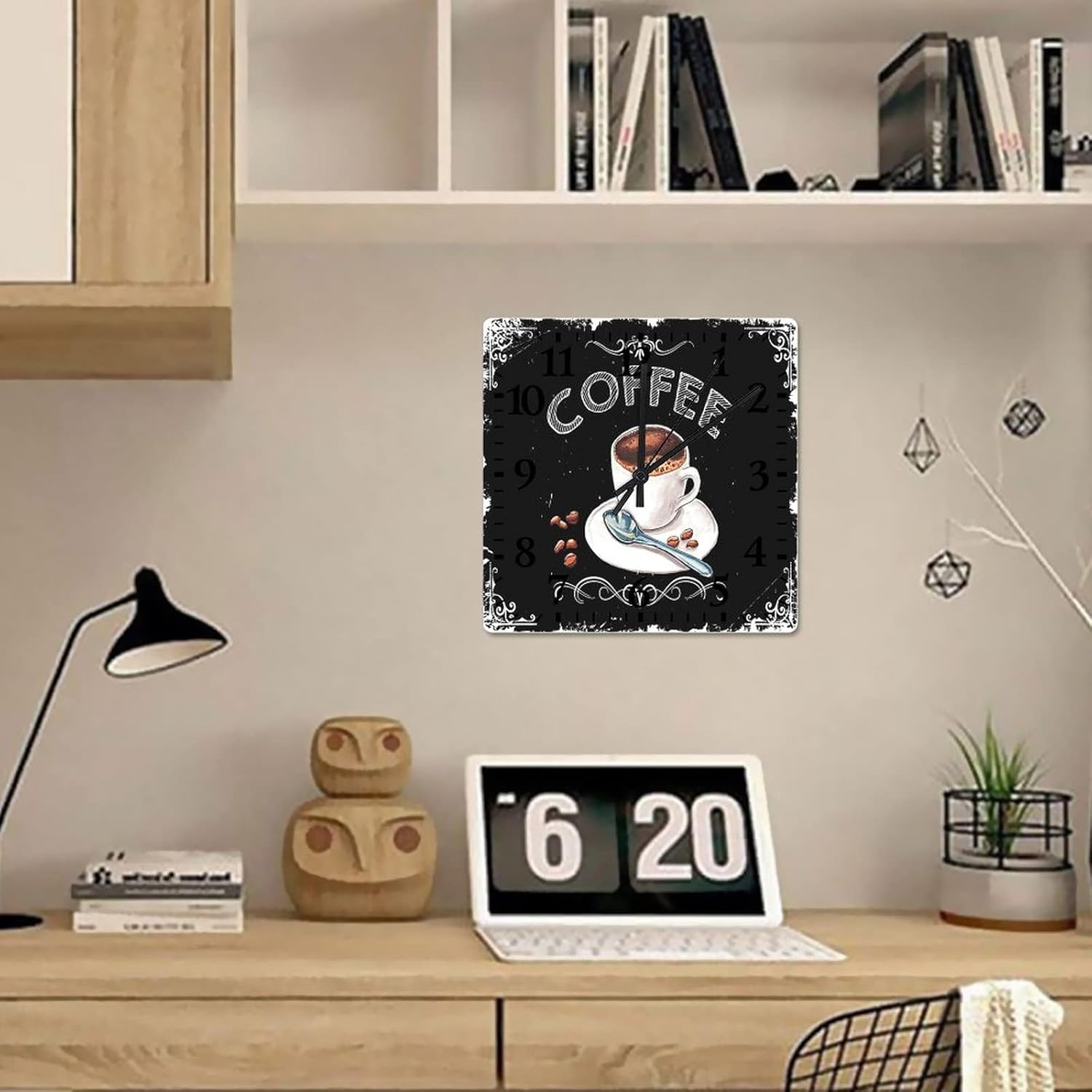 Coffee Wooden Clock 12 Inch, Latte Coffee Indoor Clocks Battery Operated Quartz Quiet Square Arabic Numeral Clock for Dining Room Decor