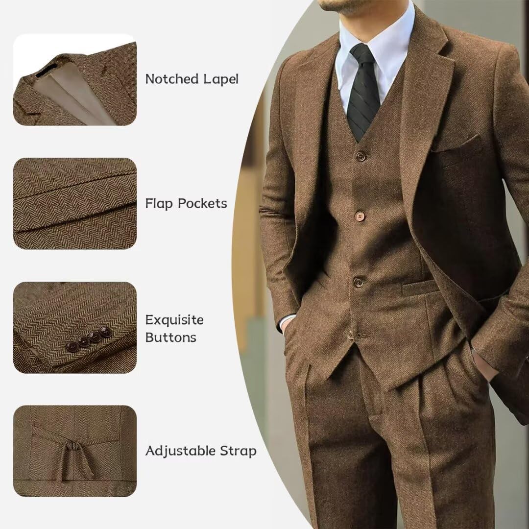 Men's Tweed Herringbone Suit 3 Piece Retro Slim Fit Prom Wedding Groom Tuxedos Set Brown Blazer Vest Pants - Image 2