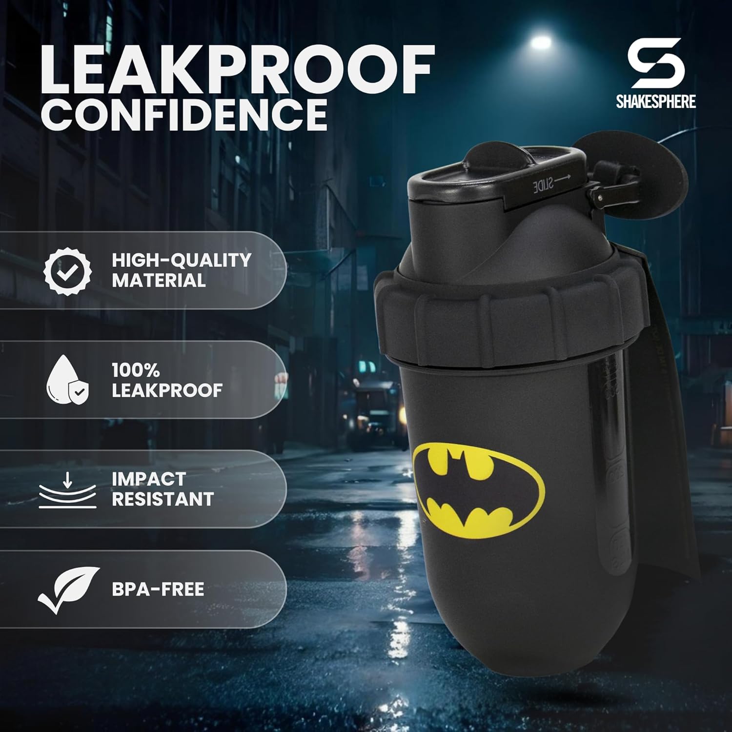 SHAKESPHERE Stainless Steel Protein Shaker Bottle - Batman Edition 24oz Double Wall Insulated Shaker Cup for Hot & Cold Drinks | Leak-Proof, No mixing bal, Capsule Design, BPA-Free, Collector’s Box