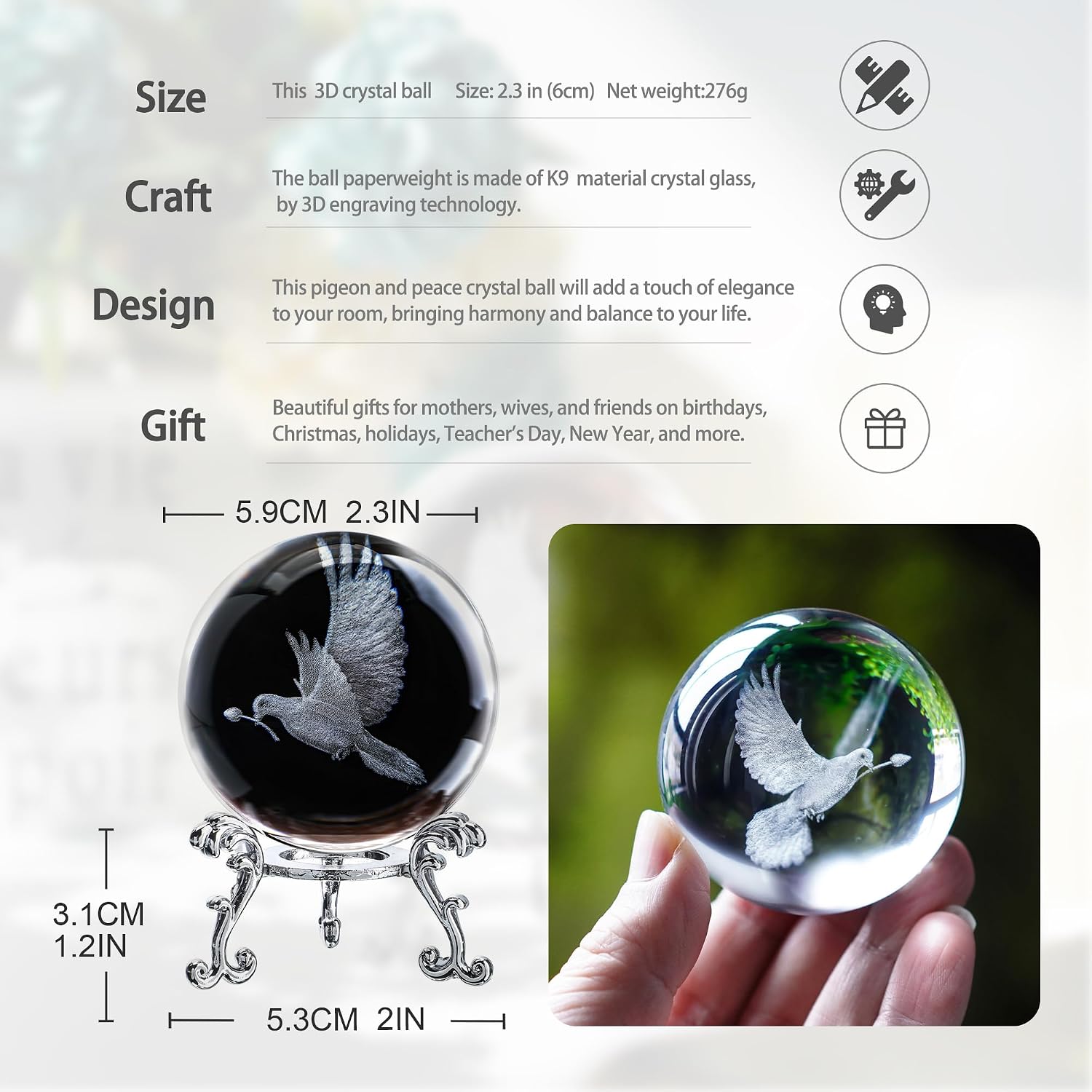 Dove Statue Crystal Ball 2.3in 3D White Dove Figurine with Stand Gift