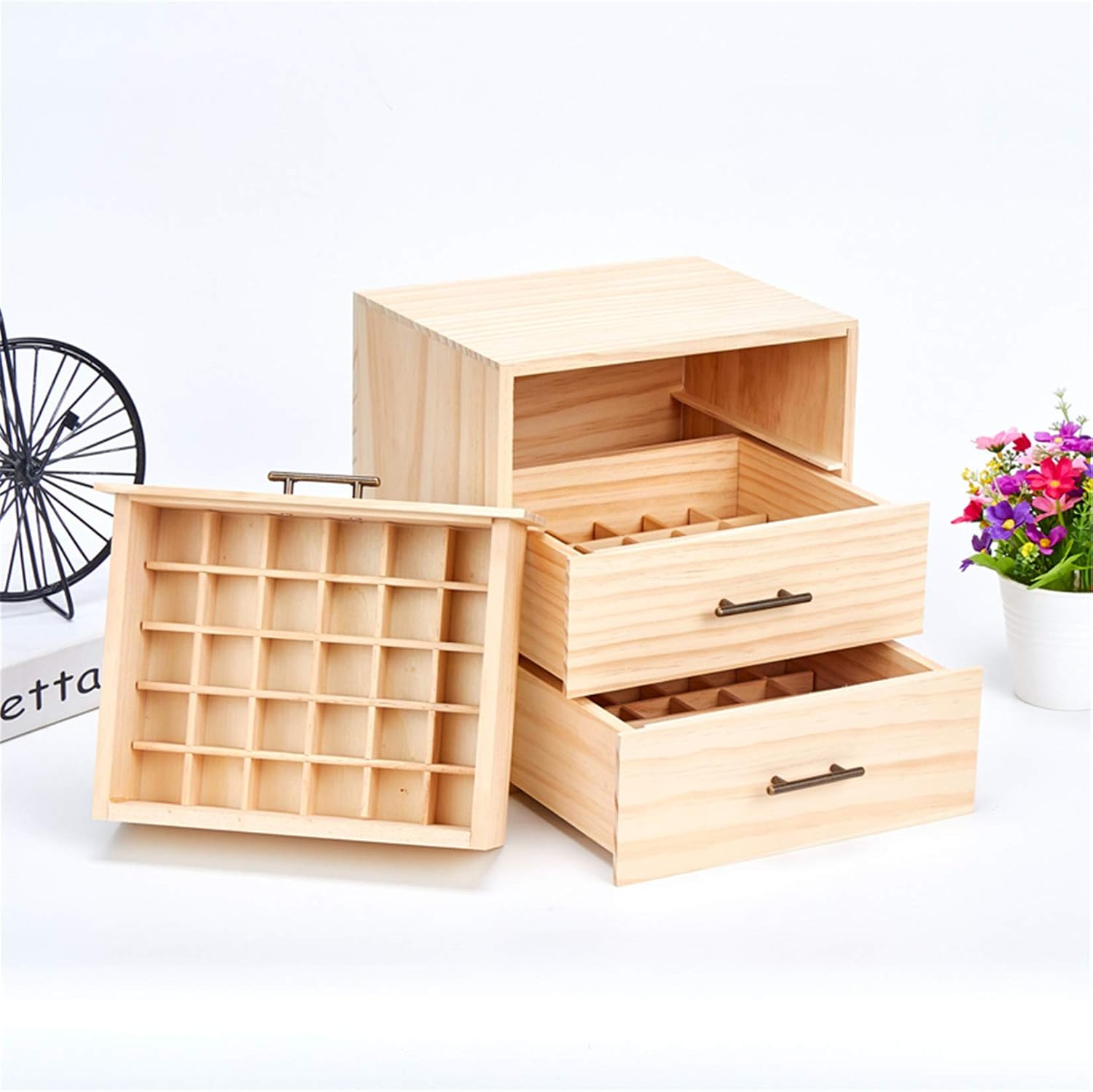 Pure Vie Wooden Essential Oil Storage Box Home Fragrance Carrier Case, Holds 90 Bottle (Fits 5-15ml) - Aromatherapy Organizer Makeup Nail Polish Perfume Container - Keep Your Oil Safe & Space Saver