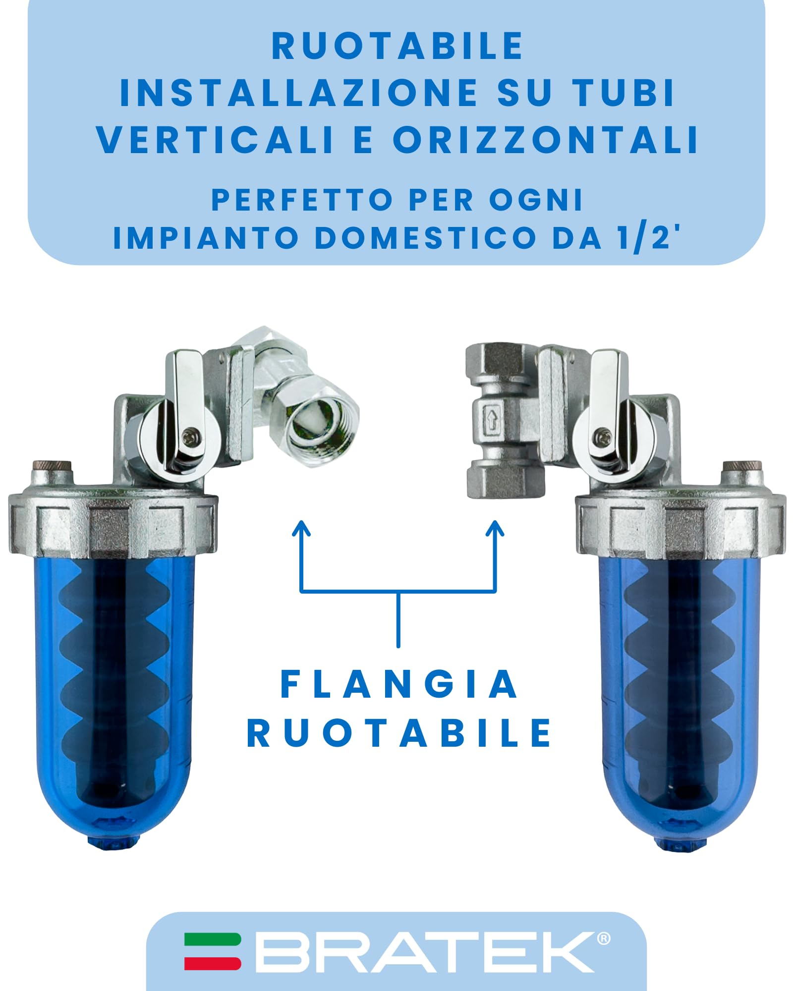 BRATEK Drehbarer Polyphosphatspender mit By-Pass, Anschluss Anlage 1/2 Zoll mit 1 Nachfüllpackung Polyphosphate in Pulverform – Dosierer für Hydraulik- und Sanitäranlagen, maximale Durchflussmenge 1,5