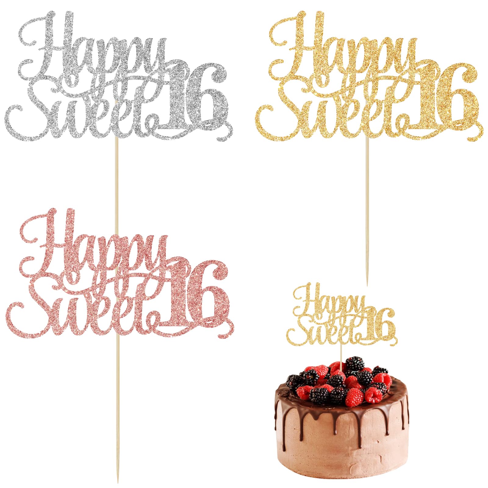 Topper Rose Gold Glitter Sweet 16 Cake Topper Happy 16th Birthday Cake Toppers Cheers to 16th Birthday Cake Pick for Celebrating 16th Birthday Anniversary Party Cake Decorations Supplies