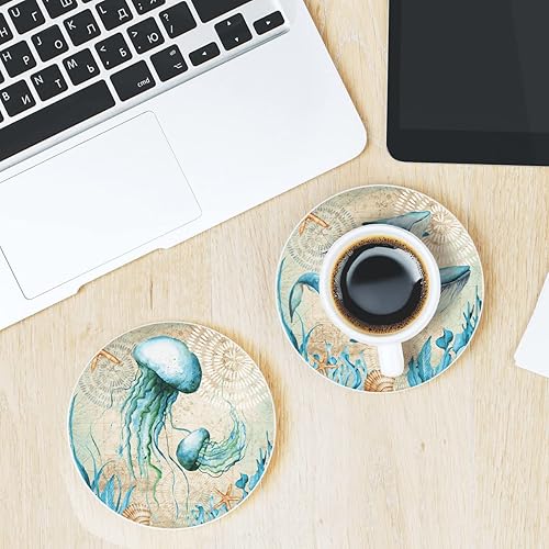 Miniatura 5 de Paquete de 6 posavasos de cerámica absorbente de vida marina con base de corcho, posavasos cuadrados para bebidas frías, mesa de café, escritorio,