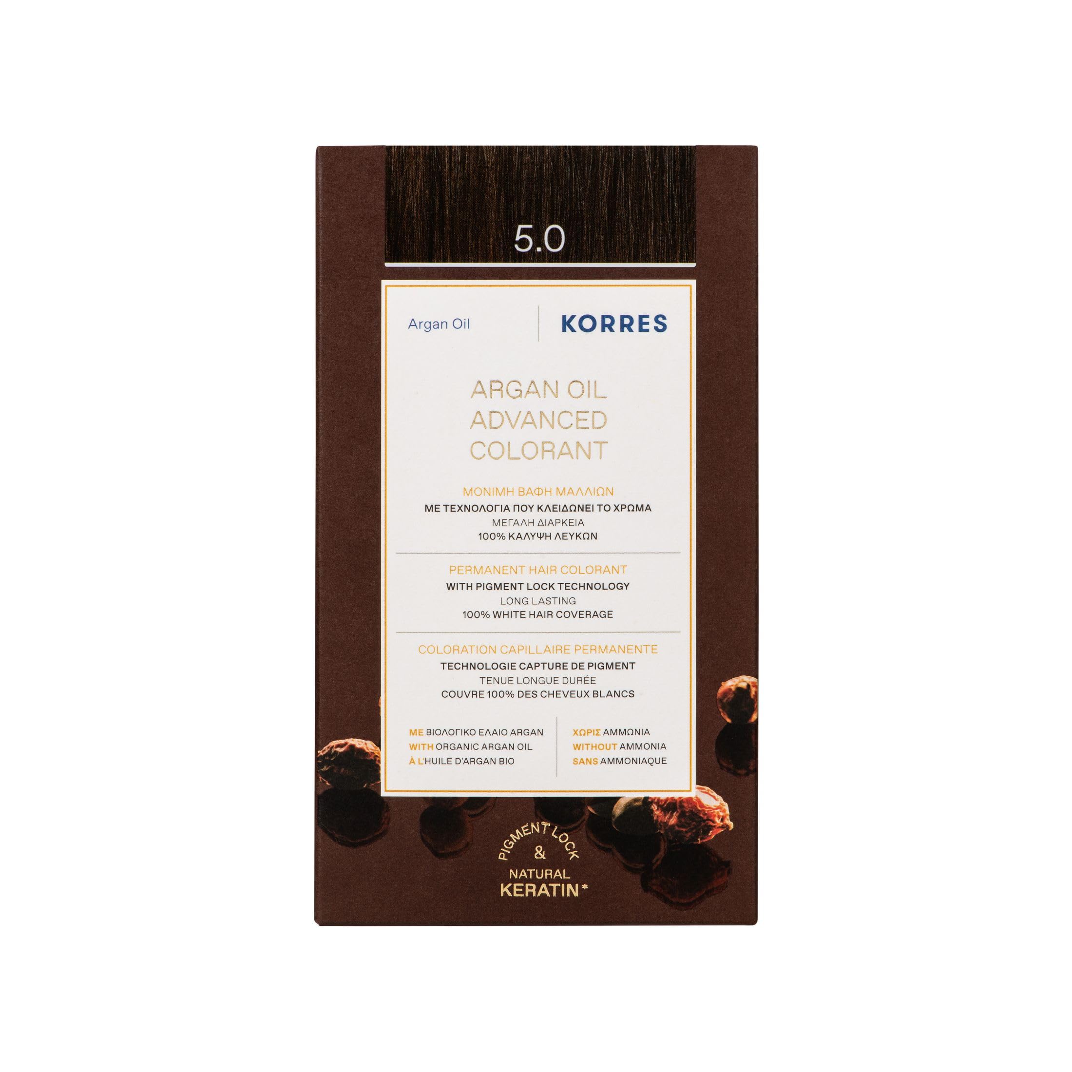 KORRES Coloration Permanente aux Extraits Végétaux Couvre 100% des Cheveux Blancs sans Ammoniaque/PPD 5.0 Châtain Clair, 1 Unité