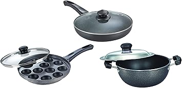 Prestige Omega Deluxe Granite Fry Pan with Lid, 26 cm & Select Plus Non Stick Paniyarakkal with Lid (24 cm) & Select Plus Non-Stick Flat Base Kadhai with Lid, 20cm, 2.2 Liters