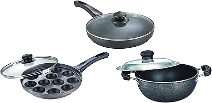 Prestige Omega Deluxe Granite Fry Pan with Lid, 26 cm & Select Plus Non Stick Paniyarakkal with Lid (24 cm) & Select Plus Non-Stick Flat Base Kadhai with Lid, 20cm, 2.2 Liters