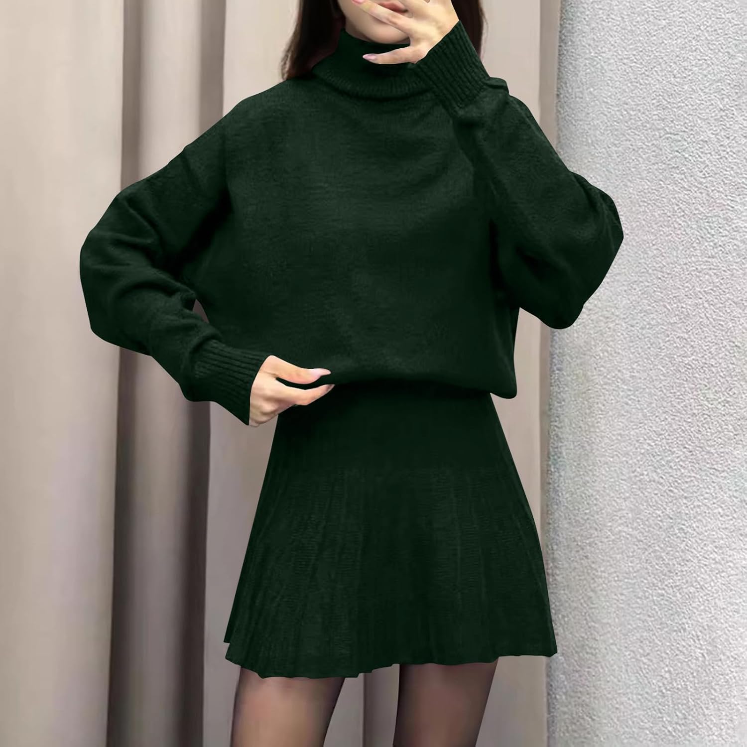 HGps8w Women's 2 Piece Skirts Set Elegant Turtleneck Pullover Knitted Sweaters with A-Line Mini Skirt Lounge Travel Outfits