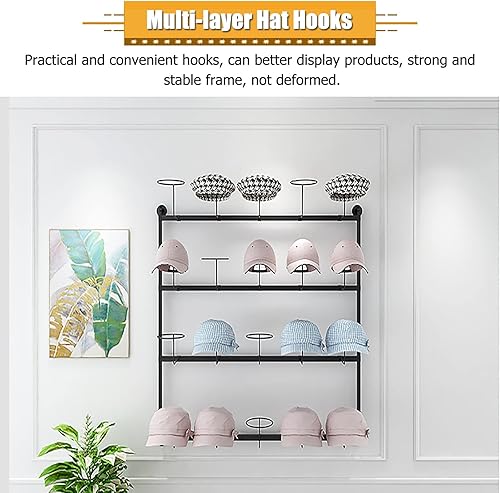 Miniatura 4 de LZMZMQ Perchero de metal para sombreros de pared, torre de exhibición de 4 niveles para pelucagorra, con ganchos móviles para sombreros, 39.3