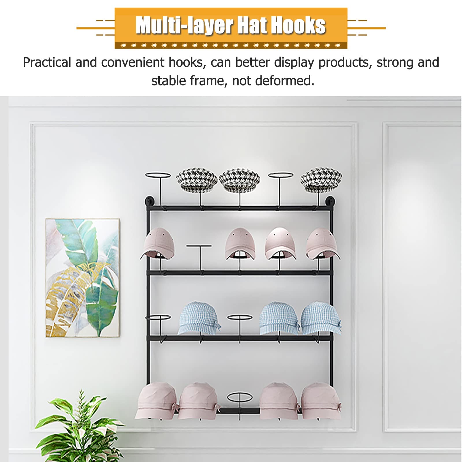 Perchero de pared metálico para gorras de béisbol, 4 niveles, para pelucas y gorras, con ganchos móviles, 100 cm de alto, negro, blanco y dorado, fácil de instalar (largo blanco), blanco, largo: 100