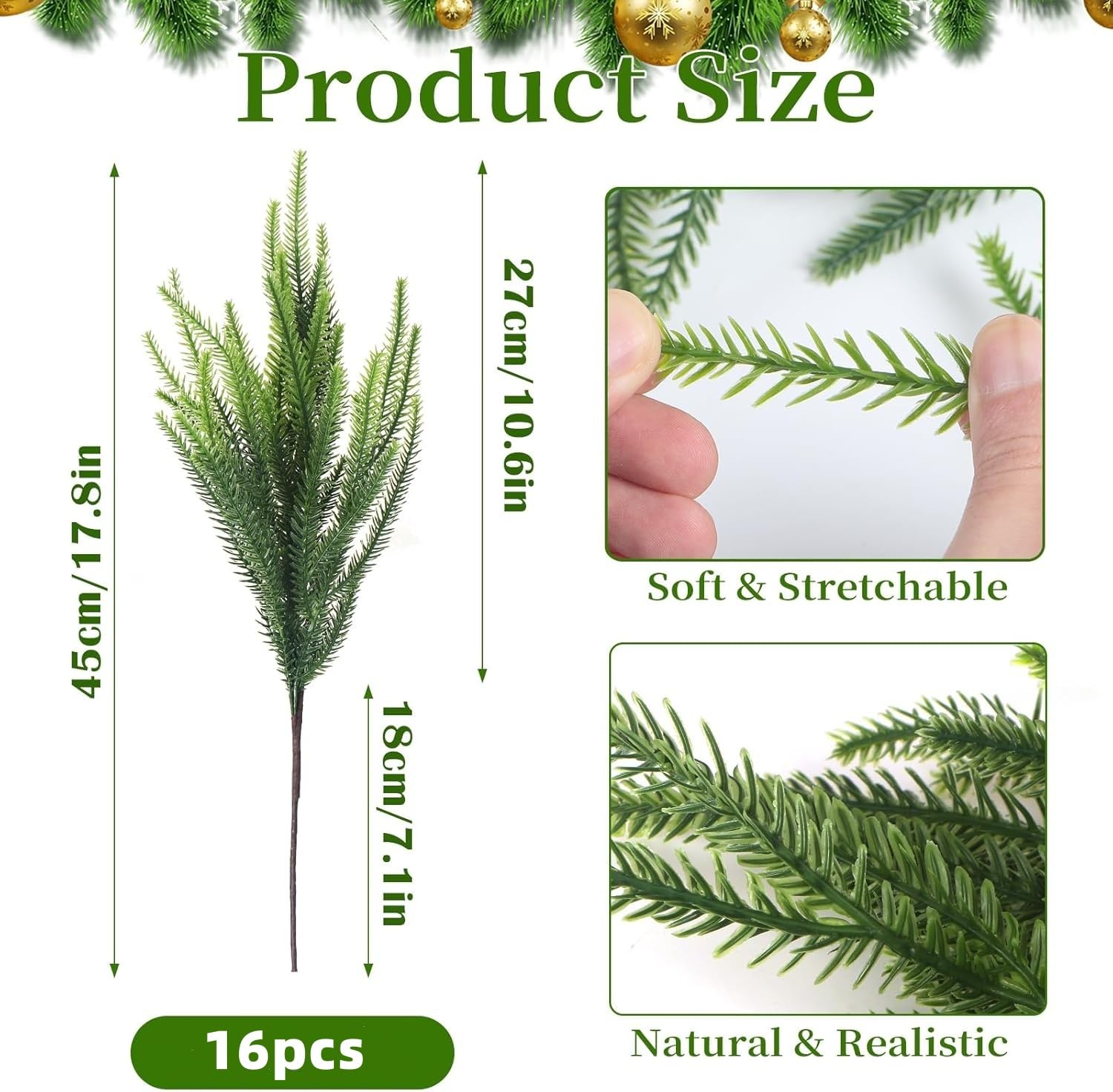 Künstliche Norfolk-Kieferzweige (45,7 cm) – fühlen sich echt an, künstliche Grünstiele für Weihnachten, Basteln, Kranz, Girlande, Vasenfüller, Innen- und Außenbereich, Weihnachtsdekoration, 16 Stück