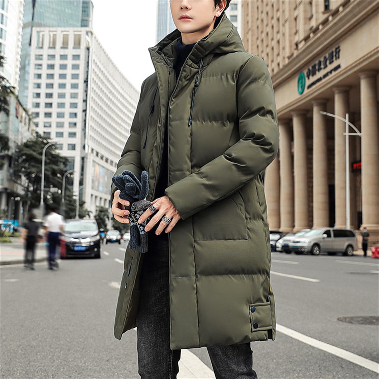 Piumino Lungo Uomo Invernale Caldo Piumino Trapuntato con Cappuccio Parka Zip Spesso Cappotto Invernale Giacca Termica da Uomo