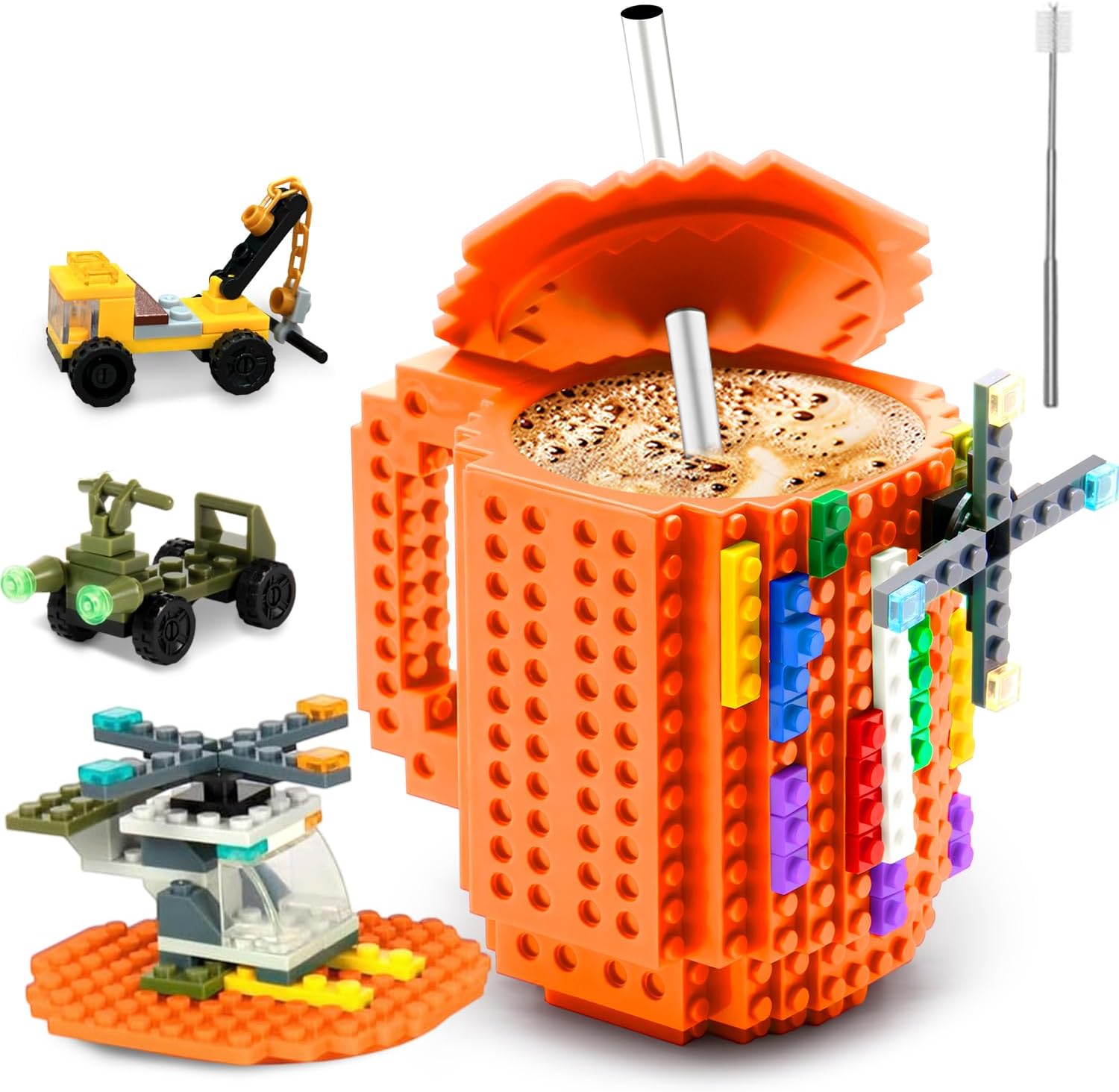 FUBARBAR Coffee Mug with Lid and Straw โ Funny Novelty Brick Water Cup, Building Block Toy Mug Gift Idea for Men Women Kids, Cute Cool Desk Decor (Orange)