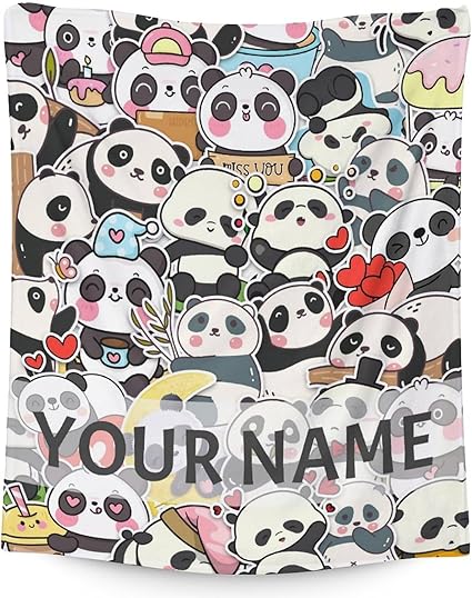 Personalized Panda Blanket Gifts with Name - 50"x60" Cute Throw Blanket for Kids, Adults - Black Soft Fuzzy Blankets for Bed, Couch & Living Room