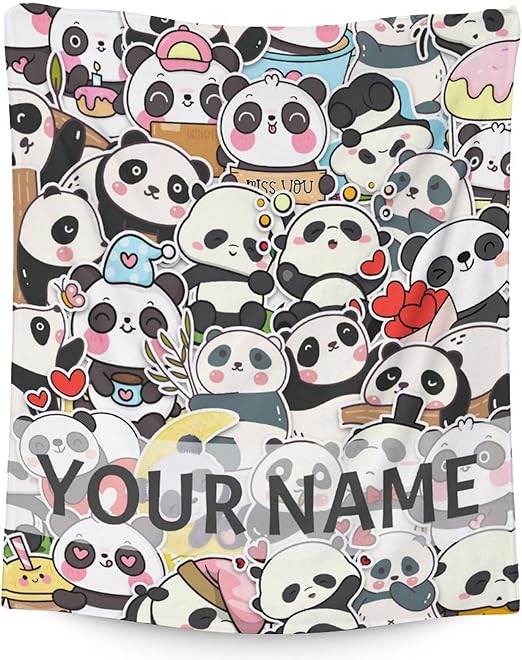Personalized Panda Blanket Gifts with Name - 50"x60" Cute Throw Blanket for Kids, Adults - Black Soft Fuzzy Blankets for Bed, Couch & Living Room