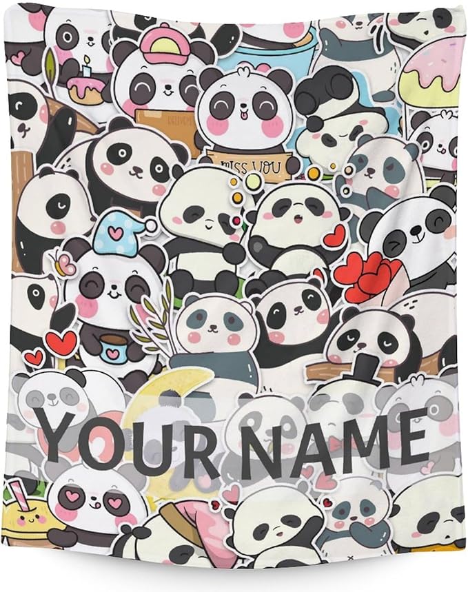 Personalized Panda Blanket Gifts with Name - 50"x60" Cute Throw Blanket for Kids, Adults - Black Soft Fuzzy Blankets for Bed, Couch & Living Room