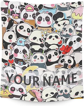 Personalized Panda Blanket Gifts with Name - 50"x60" Cute Throw Blanket for Kids, Adults - Black Soft Fuzzy Blankets for Bed, Couch & Living Room