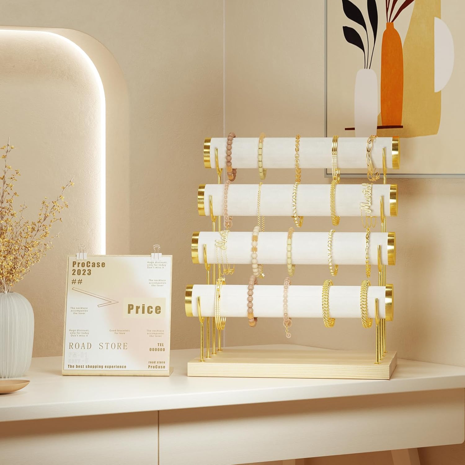 ProCase Bracelet Holder Display Bracelet Organizer Stand, Gold Detachable Bangle Storage Rack for Selling, Velvet Wrap Watch Holder with Wooden Base for Women Girls, Business Supplies - 4 Tier, Beige