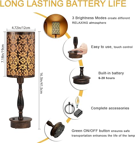 Miniatura 5 de UMEXUS Lámpara de mesa inalámbrica recargable con pequeñas luces táctiles de 3 vías regulables de bronce antiguo, lámpara de mesita de noche de