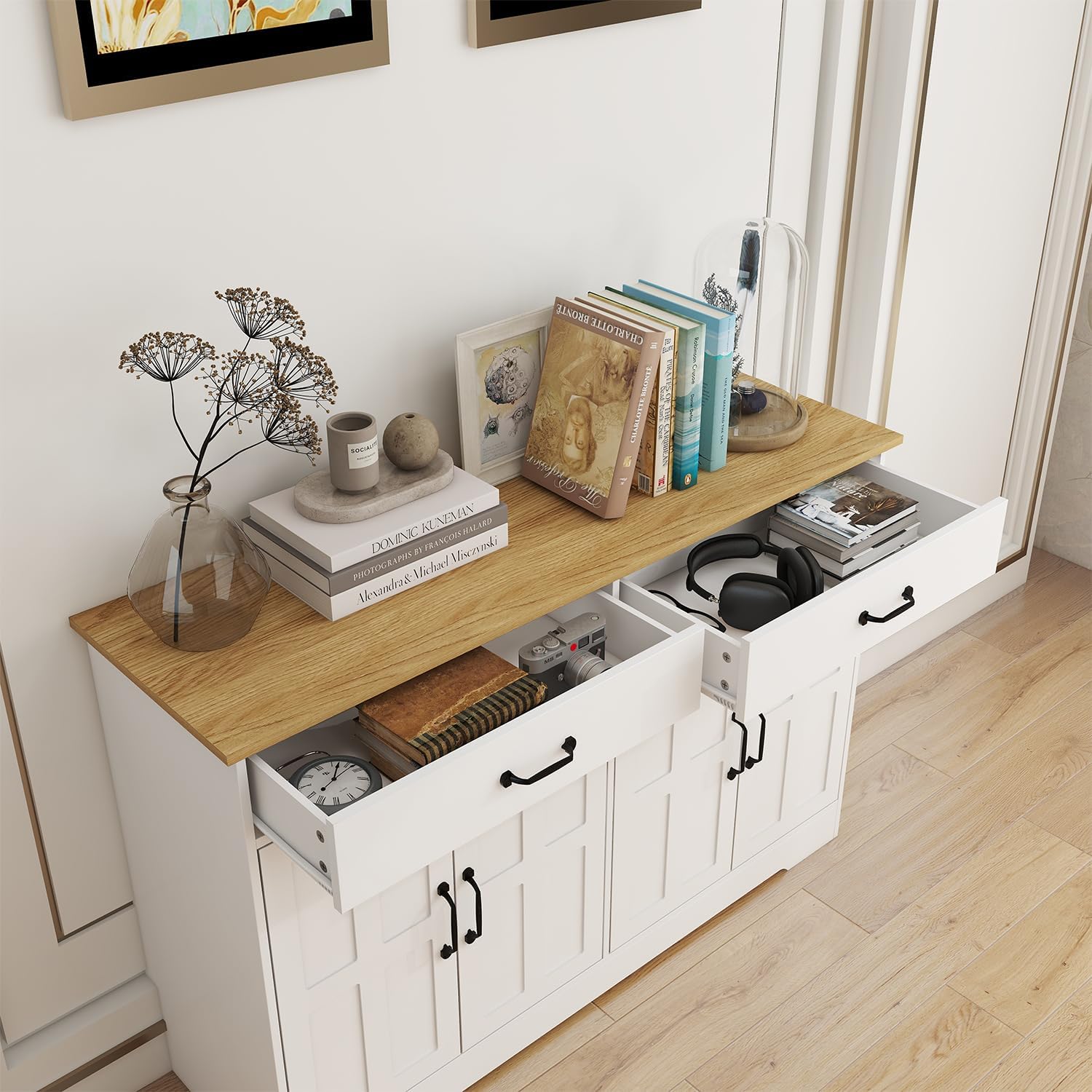 White Buffet Cabinet, Coffee Bar Cabinet with 2 Drawers & 4 Doors, Kitchen Buffet Sideboard for Living Room (15.35" D x 47.95" W x 32.08" H)