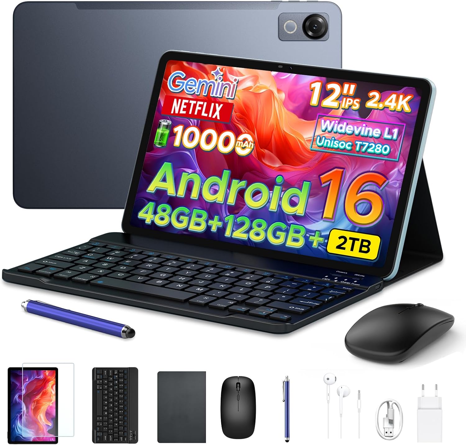 P12 Tablet Android 16, 120Hz 2.4K Tablet 12 Pollici, FHD,2000 * 1200,T7280 Octa-Core Tablet Gaming con 48GB+128GB/2TB, 10000mAh, Gemini AI, Widevine L1,Tablet con Tastiera e Penna,WiFi5, Grigio