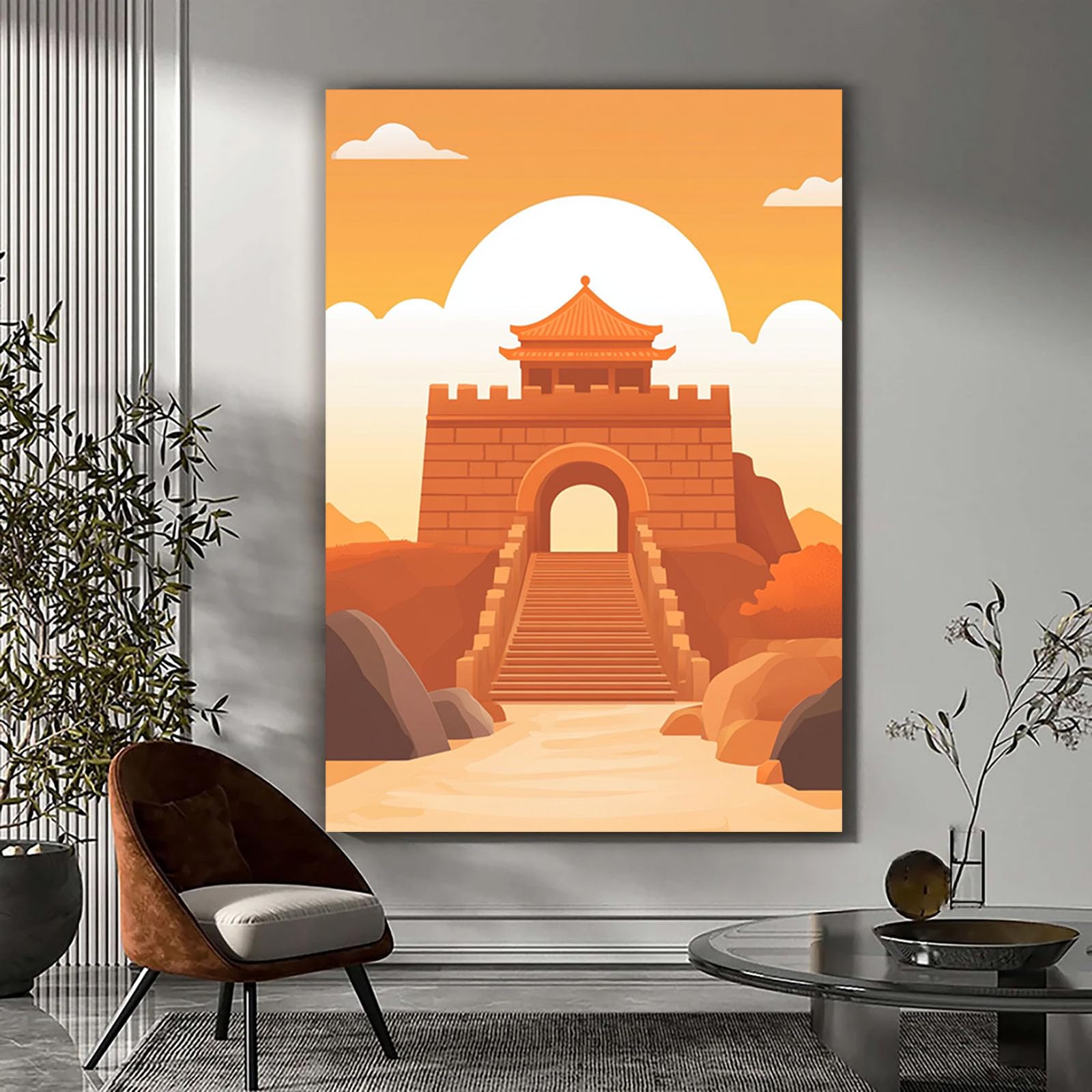WUFIEA Azjatycka sztuka ścienna tradycyjny chiński obraz pomarańczowy przełęcz zmierzch do dekoracji domu salonu sypialni (colore arancione)-70 x 100 cm oprawiony