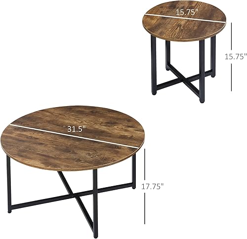 Miniatura 3 de HOMCOM Juego de 2 mesas de centro redondas industriales con marco de metal, mesas de centro circulares para sala de estar, marrón rústico