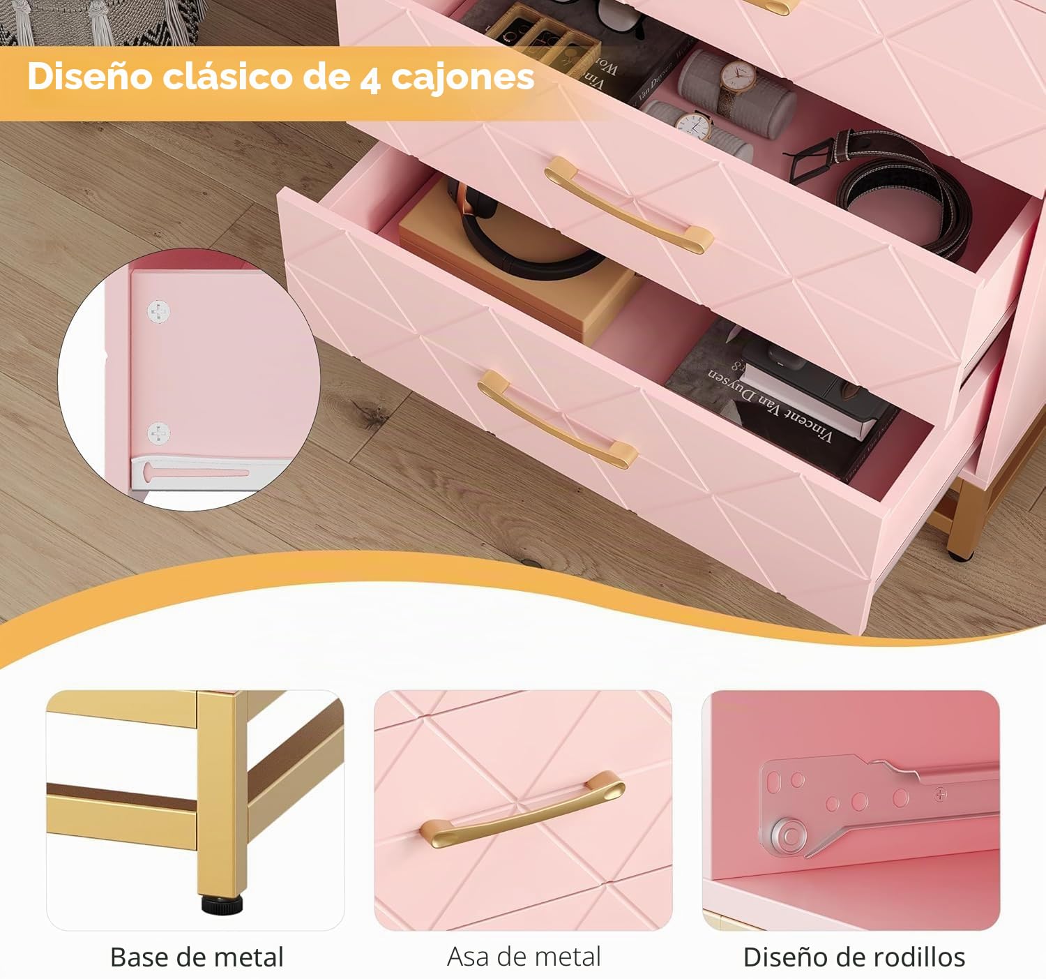 Garvee - Cómoda con 4 cajones para Dormitorio, cajoneras Modernas con cajones Anchos y Asas metálicas, cajoneras de Madera, 61 x 40 x 93 cm (Rosa)