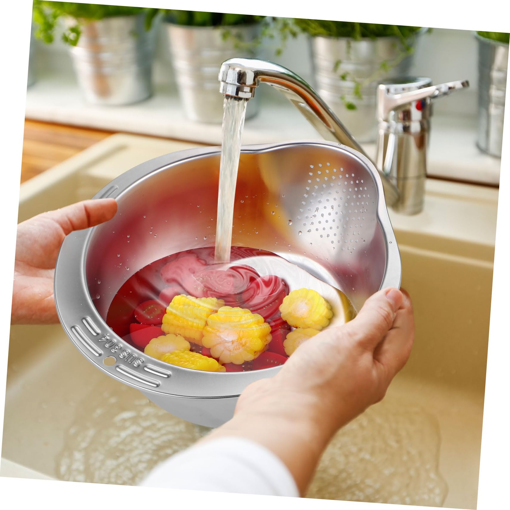Hemobllo Lavadero de Arroz Colador Multifuncional de Acero Inoxidable para Lavar Arroz Verduras Frutas Enjuague Drenaje Fregadero