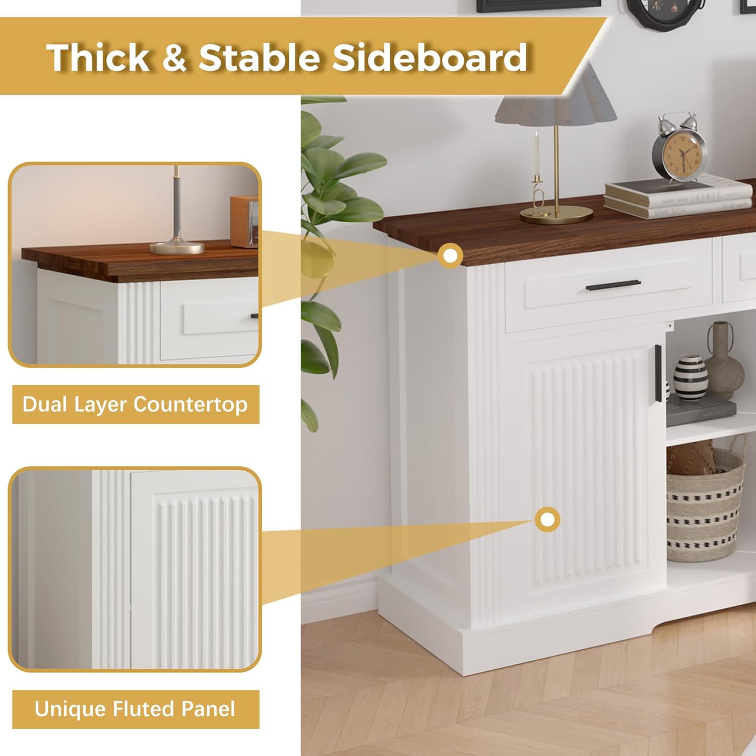 63" Fluted Sideboard Buffet with 4 Doors & 3 Drawers, Large Modern Farmhouse Accent Credenza with Adjustable Shelves for Kitchen, Dining Room, Living Room (White)