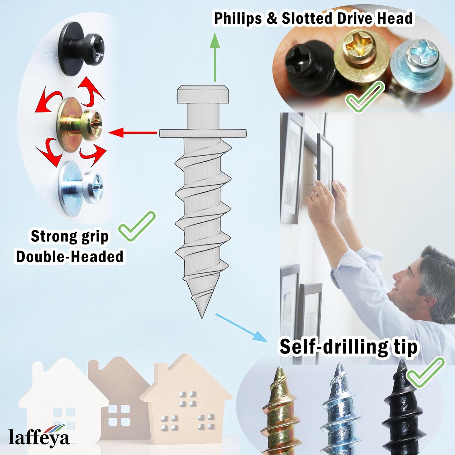 laffeya Bear Claw Screws, Keyhole Hangers, Screws for Hanging Pictures, 4-in-1 Hangers for D-Rings, Wire, Sawtooth & Keyhole (Black, 0.8inch)