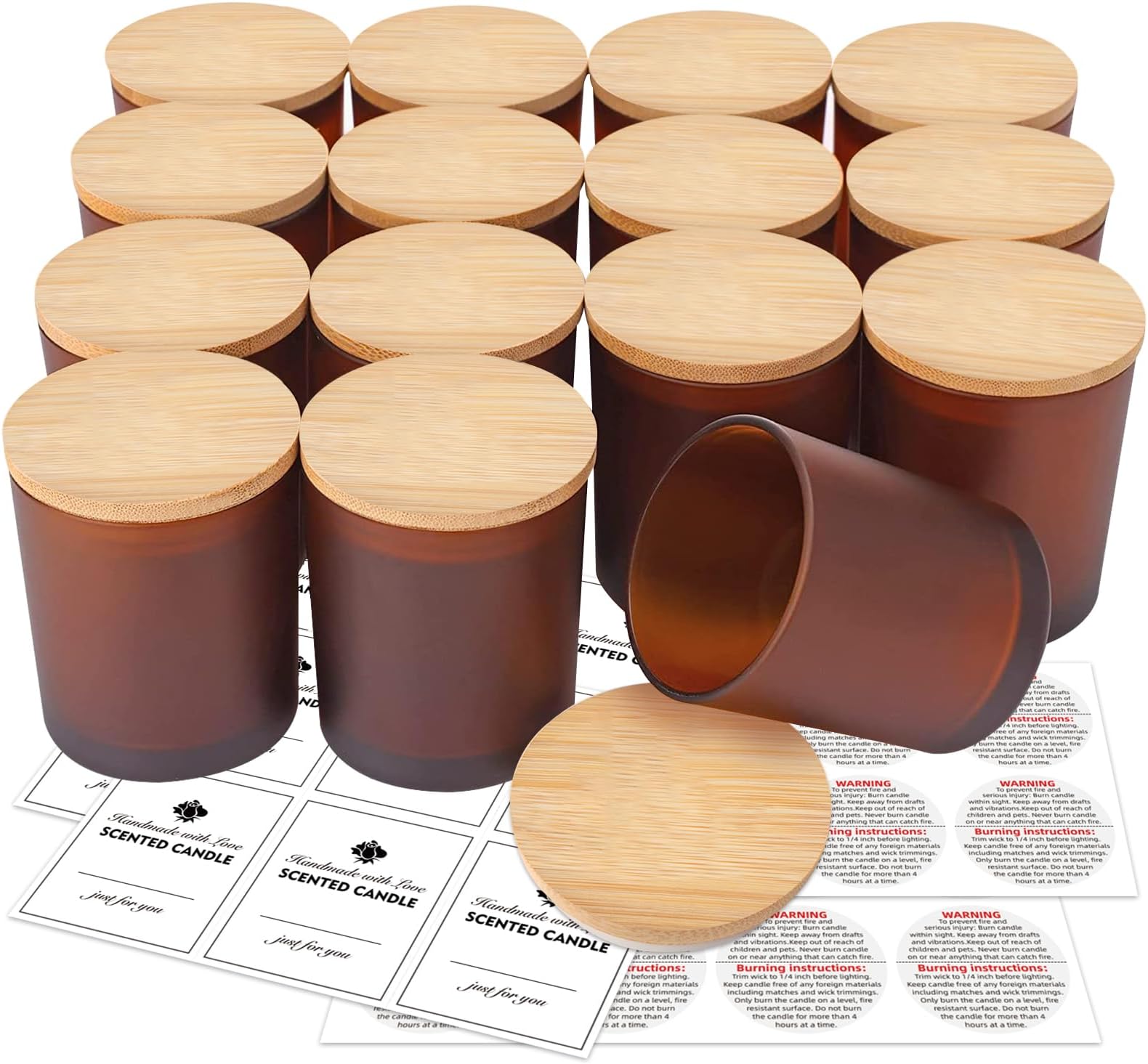15 Pack Candle Glass Jars- 7OZ Frosted Amber Empty Candle Jars with Bamboo Lids and Sticky Labels, Matte Brown Candle Jars in Bulk for Making Candles Containers - Dishwasher Safe