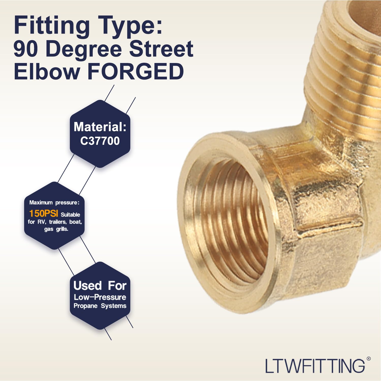 LTWFITTING Brass Pipe 90 Deg 3/8-Inch NPT Street Elbow Forged Fitting Fuel Air Boat(Pack of 5)