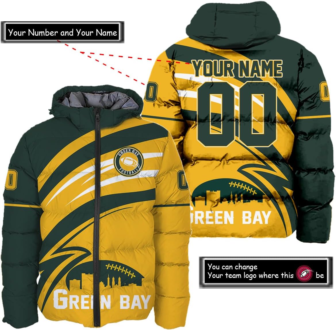 Discover Personalized Green Bay Football Team Packers Men's Hooded Puffer Jacket