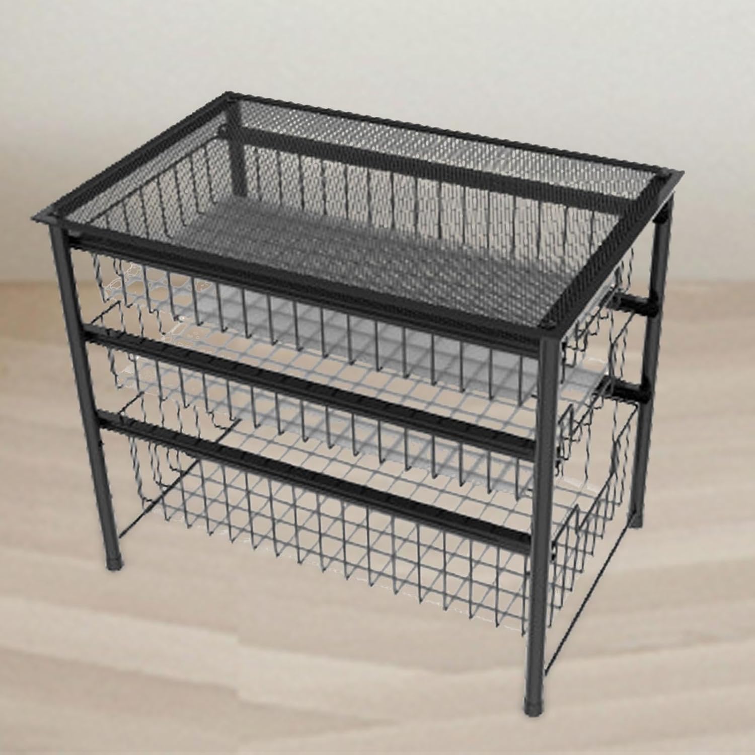 Sliding Basket Organizer Pull-out Organizer Slide-out Storage Shelf for Tabletop, White (Black)