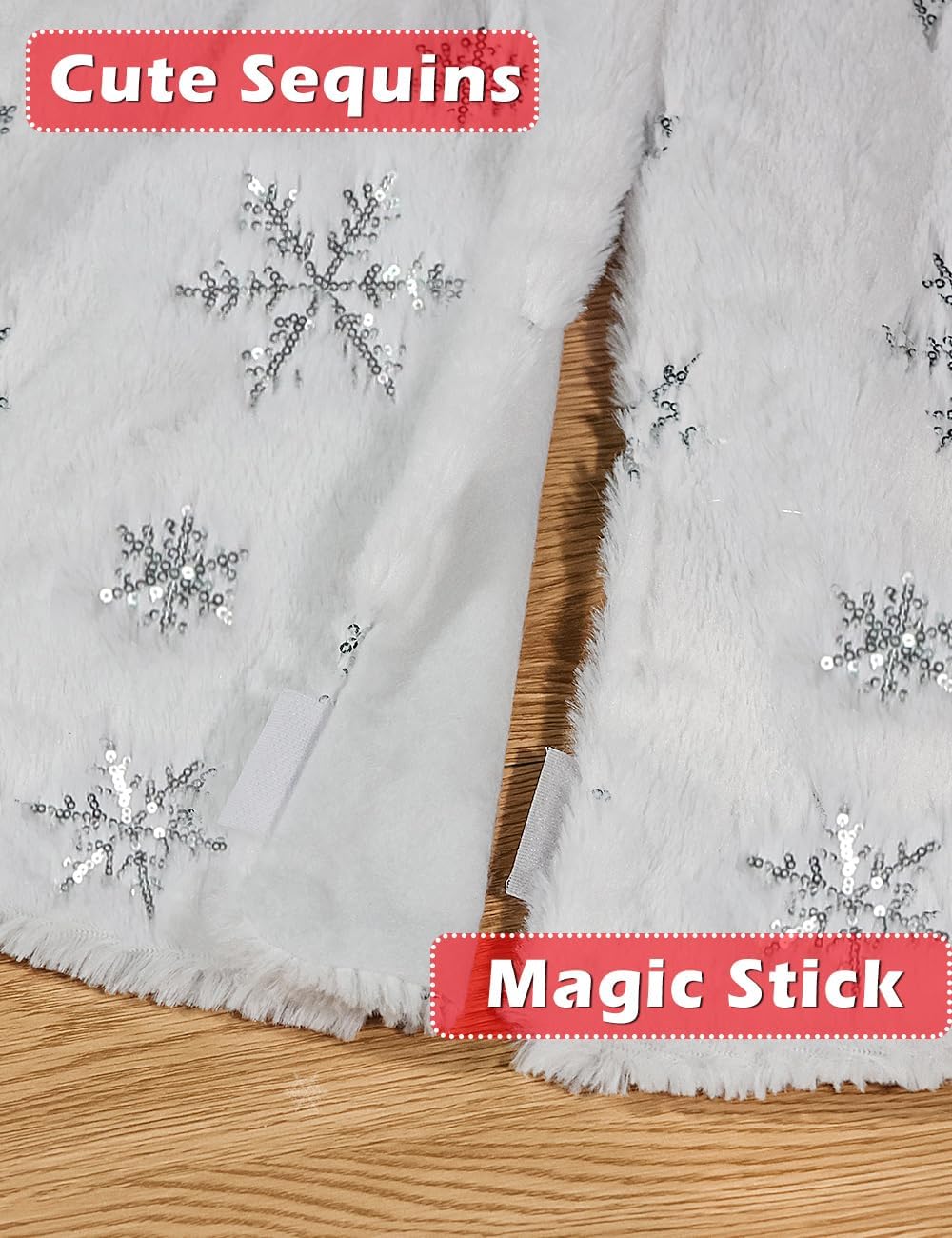 Christmas Tree Skirt, 60 Inch Large Sequin Tree Skirt, White Soft Thick with Silver Snowflakes Xmas Tree Skirt, Perfect for Christmas Party Decorations