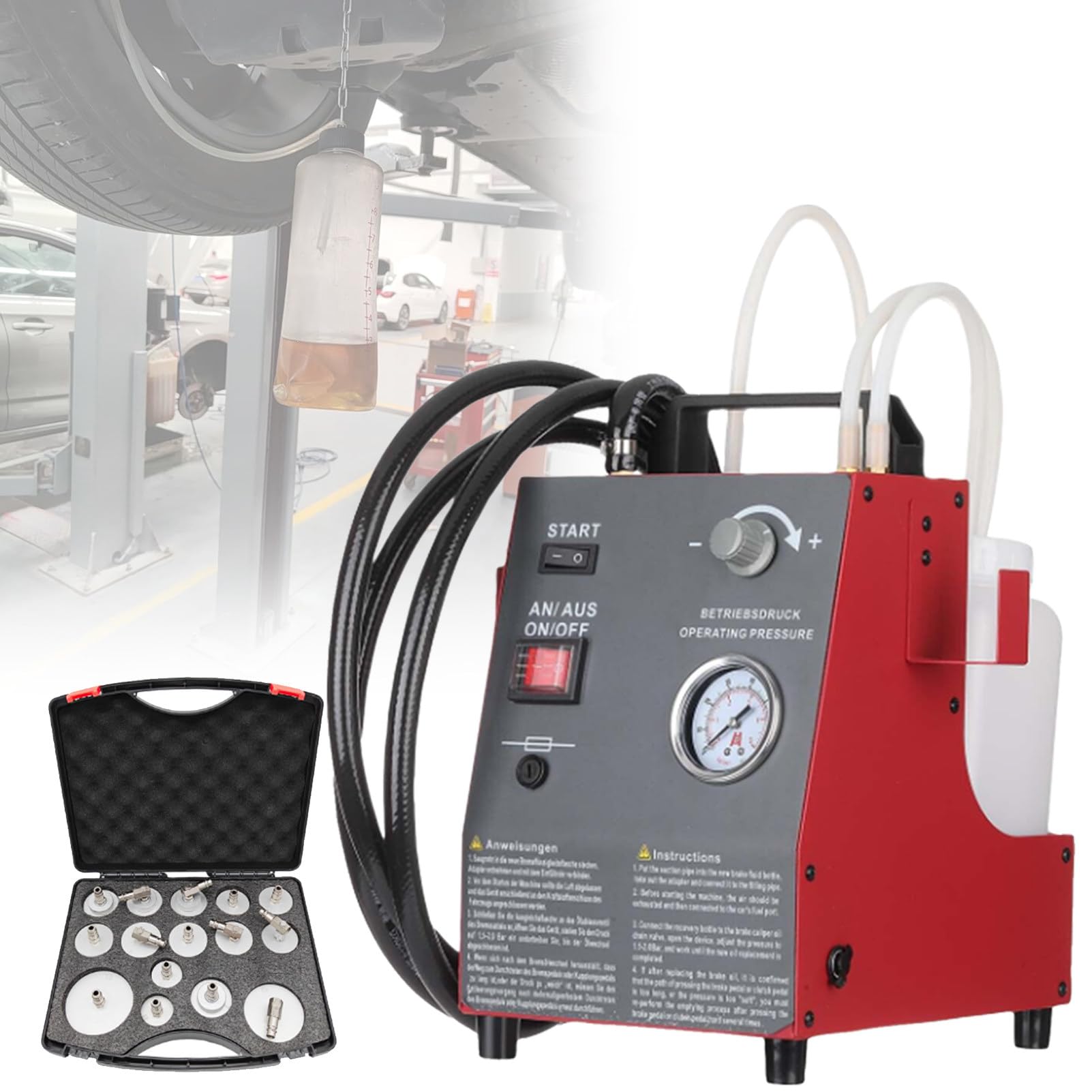 Automatisches Bremsenentlüftungsset, pulsgesteuerte Bremsflüssigkeitsaustauscher, mit 16 Hauptbremszylinderadapter, für Benzinfahrzeuge, für professionelle Werkstätten. PackageB-Red