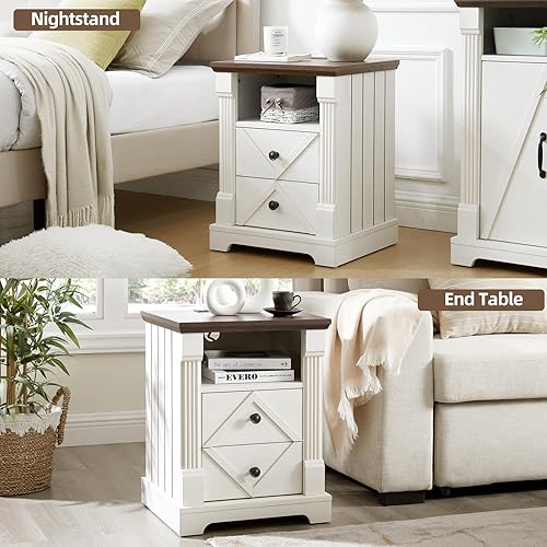 Miniatura 7 de Mesita de noche con estación de carga, mesa auxiliar rústica de 18 pulgadas con puerta de granero, mesa auxiliar de sofá de madera con 2 cajones de