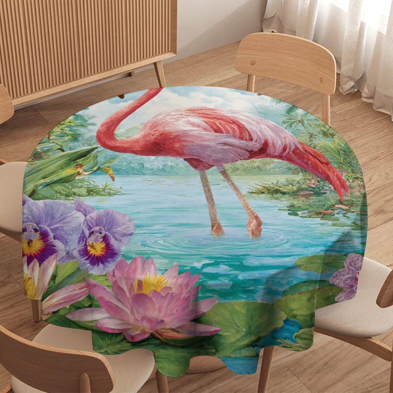 LUYYSKY Beautiful Classic Bird Flamingos Round Tablecloth Vintage Realistic Tropical Plants Flowers Animals Flamingos Washable Decor for Table Cover for Kitchen-127 Wx127 L cm