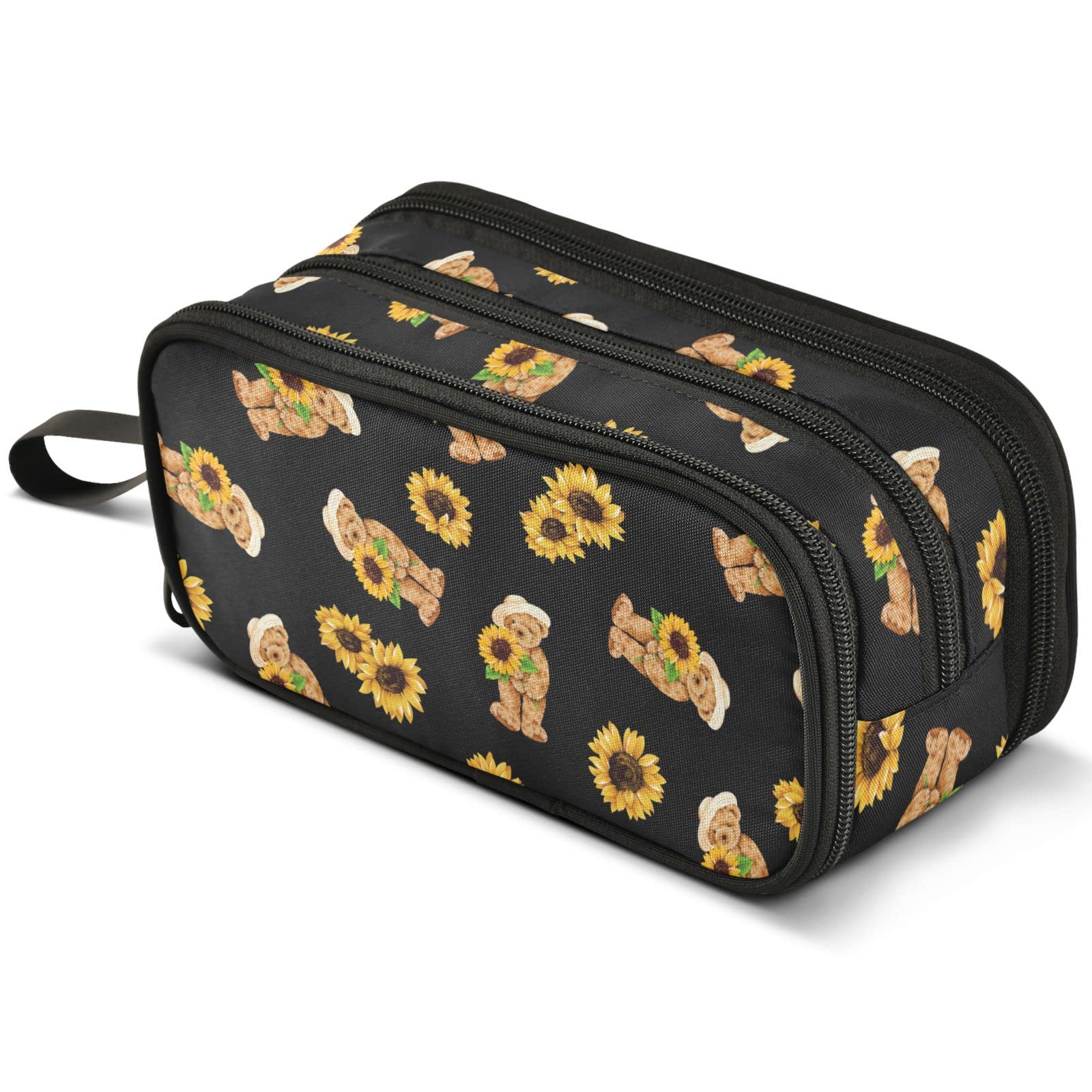 Bear Sunflower Pencil Case Large Capacity Pen Pouch Makeup Bag with 3 Compartments Pen Holder Organizer Stationery Bag for Girls Womens
