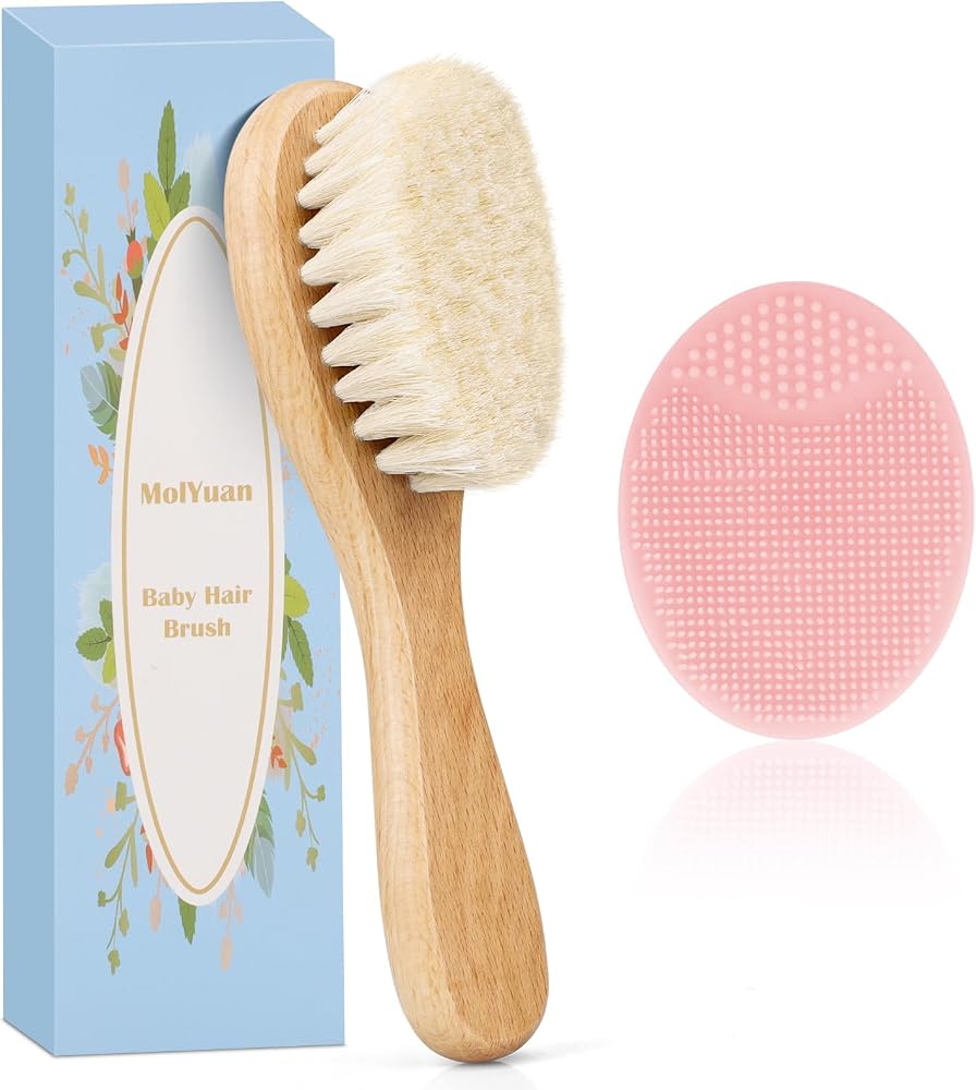 2PCS Baby Hair Brush, Goat Bristles Brush and Green Baby Silicone Brush Set for Cradle Cap Wood Bristle Brush for Newborns and Toddlers (Pink) — 사진 1