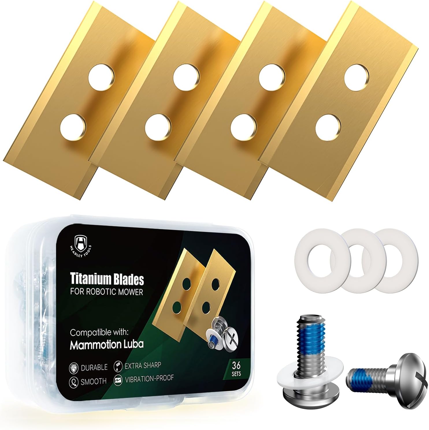 Headley Tools 36Pcs Heavy Duty Titanium Replacement Blades 0.9mm Compatible for Mammotion Luba & Yuka All Series,Robust Replacement Robot Lawn Mower Blades,with Plastic Screwdrivers and Washers