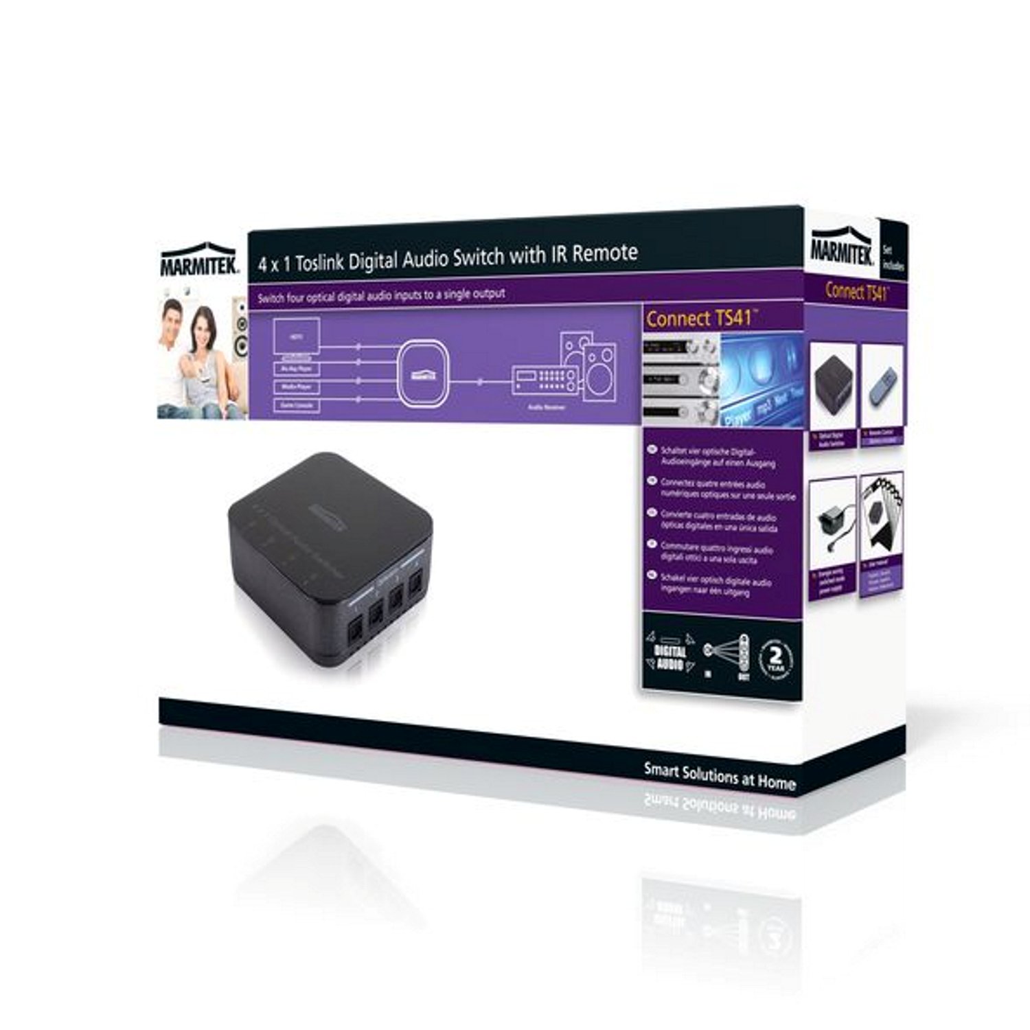 Marmitek Connect TS41 - Switch Toslink 4 wejścia 1 wyjście 192 kHz | Optyczny przełącznik audio S/PDIF do TV i wzmacniacza, bez opóźnień, Dolby Digital, DTS, LPCM i pilot