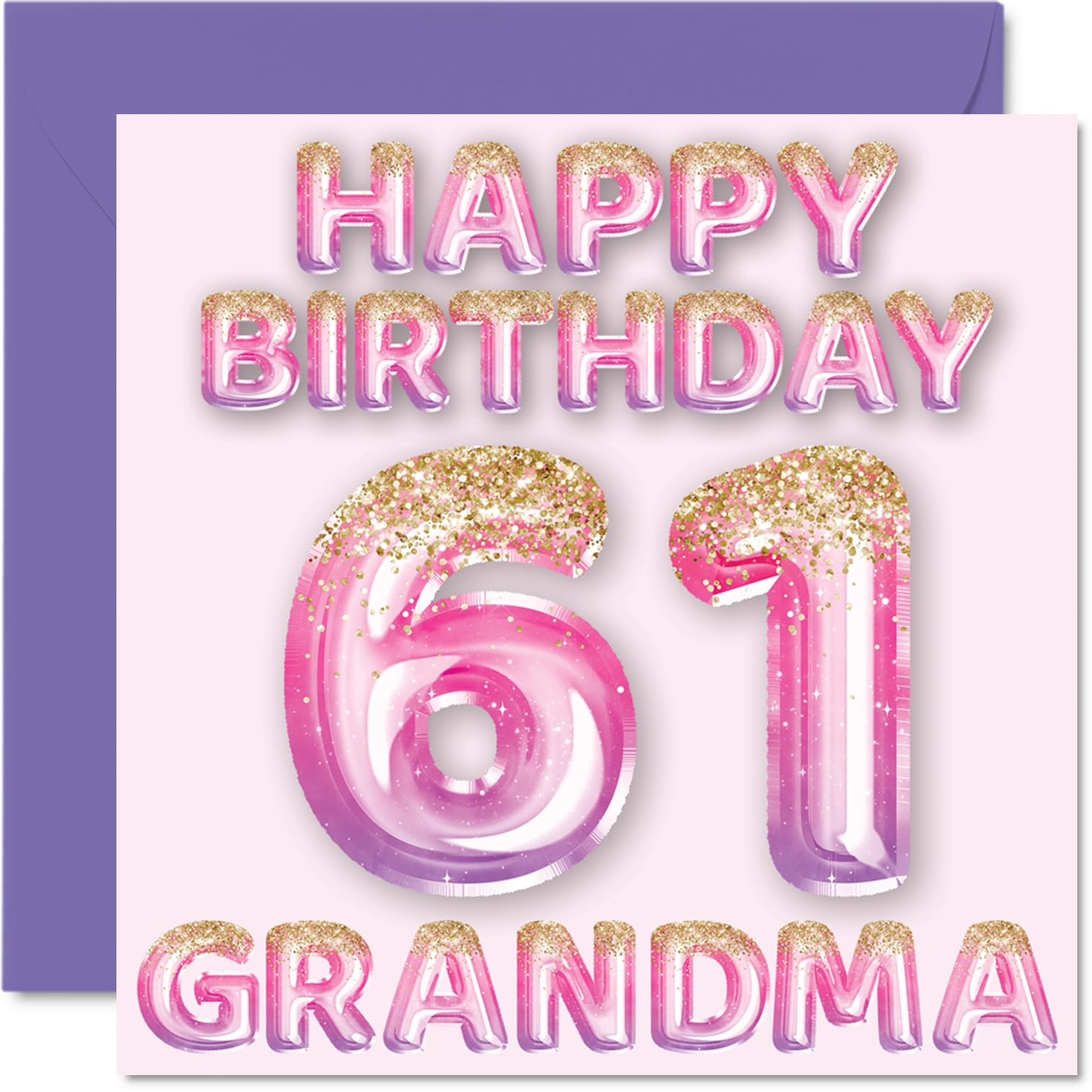 61st Birthday Card for Grandma, Pink & Purple Glitter Balloons