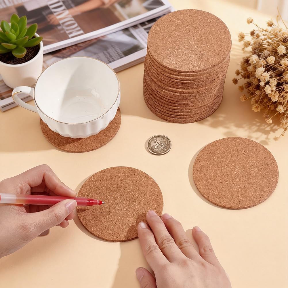PH PandaHall 100Pcs 3.5 Inch Natural Cork Coasters Flat Round Drink Coasters Bulk Blank Laser Engraving Blanks for Home Tabletop Christmas Thanksgiving Party Decoration
