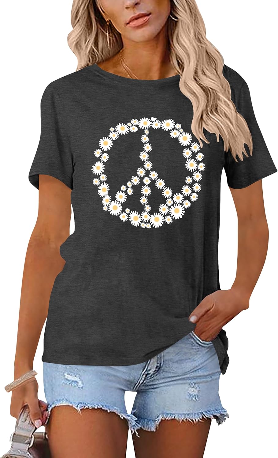 Peace Sign Love T-Shirt for Women Flower Graphic Shirt Hippie Short Sleeve 60s 70s Shirt Inspirational Tee Tops - Image 3